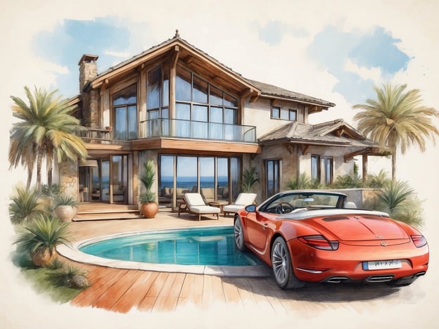 Auf dem Bild ist eine luxuriöse Villa zu sehen, die eine moderne Architektur hat. Die Unterkunft verfügt über große Fenster, die viel Licht hereinlassen und einen Ausblick auf das Wasser bieten. Vor der Villa befindet sich ein schöne Terrasse mit einem Pool, umgeben von Palmen und Pflanzen.Die Ausstattung umfasst eine elegante Veranda und gemütliche Sitzgelegenheiten im Freien, ideal zum Entspannen. Außerdem steht ein rotes Sportauto in der Nähe des Pools, was dem Gesamtbild einen Hauch von Luxus verleiht.