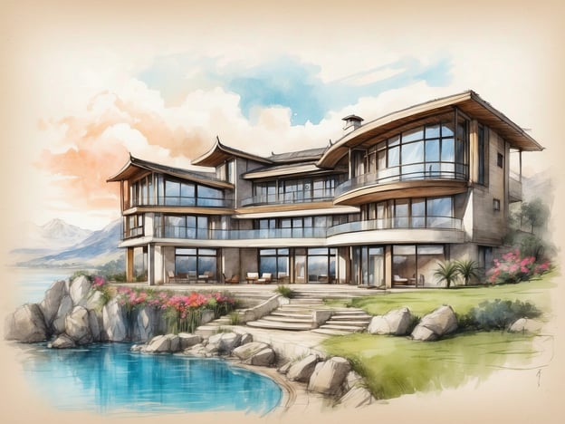 Auf dem Bild ist eine stilisierte Darstellung eines modernen Hotels, das von Wasser und Natur umgeben ist. Es zeigt eine großzügig gestaltete Fassade mit großen Fenstern, die einen Blick auf die Landschaft ermöglichen. Der architektonische Stil wirkt elegant und einladend, mit einer harmonischen Integration in die Umgebung.Das Millennium Taiba Hotel ist bekannt für seine luxuriösen Annehmlichkeiten und eine malerische Lage. Es bietet atemberaubende Ausblicke auf die Natur und ist ideal für Erholungssuchende sowie Geschäftsreisende. Zu den Einrichtungen gehören häufig Restaurants, Schwimmbäder und Wellness-Bereiche, die den Gästen ein entspanntes Erlebnis bieten.