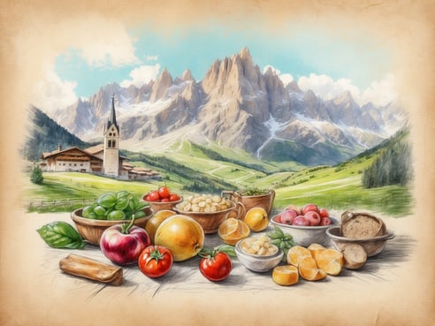 Im Vordergrund des Bildes sind verschiedene regionale Früchte und Nahrungsmittel auf einem Tisch angeordnet. Dazu gehören Äpfel, Birnen, Zitrusfrüchte, Trauben und eine Brotblume. Im Hintergrund ist eine malerische Südtiroler Landschaft mit hohen Berggipfeln und saftig grünen Wiesen zu sehen. Eine traditionelle Kirche mit einem spitzen Turm und ein rustikales Bauernhaus ergänzen die idyllische Szenerie. Die Komposition vermittelt ein Gefühl von regionaler Authentizität und kulinarischer Vielfalt.