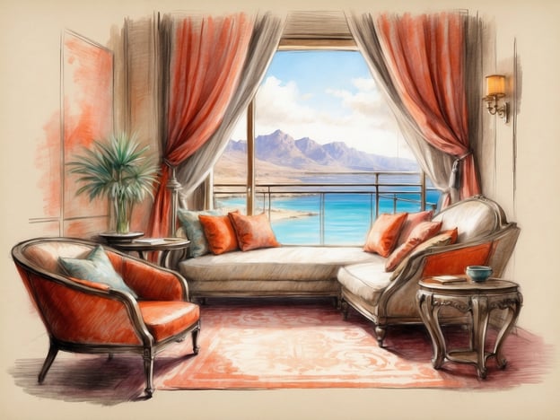 Auf dem Bild ist eine stilvolle und gemütliche Lounge im Millennium Taiba Hotel zu sehen. Der Raum ist elegant eingerichtet, mit bequemen Sesseln und einer Couch, die einladend wirkt. Die großen Fenster bieten einen herrlichen Blick auf das Meer und die umliegenden Berge, was eine entspannende Atmosphäre schafft.Die sanften Farben und die dekorativen Elemente laden dazu ein, sich zurückzulehnen und die Aussicht zu genießen. Dieser Raum ist der ideale Ort, um sich zu entspannen und zu unterhalten, sei es bei einem Kaffee oder einem geselligen Zusammensitzen mit Freunden oder Familie.