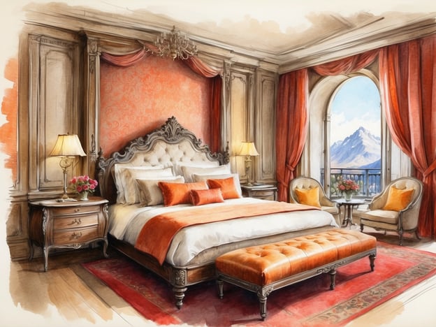 Auf dem Bild ist ein luxuriöses Hotelzimmer zu sehen. Es verfügt über ein großes, elegantes Bett mit aufwendiger Kopfende und stilvollen Kissen in orange und weiß. Die Wände sind in einem warmen, floralen Muster dekoriert, und die Fenster lassen viel Licht herein, mit Blick auf eine Berglandschaft.Neben dem Bett stehen Nachttische mit Lampen und Blumenarrangements, und es gibt zwei bequeme Sessel mit orangenen Kissen. Der Boden ist mit einem großen, dekorativen Teppich ausgelegt, der das Gesamtbild des Raumes abrundet. Die Atmosphäre strahlt Eleganz und Komfort aus, ideal für eine entspannte Auszeit.