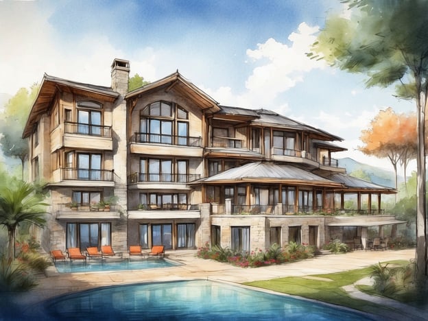 Auf dem Bild ist eine künstlerische Darstellung eines Hotels zu sehen, das über mehrere Stockwerke verfügt und einen modernen, eleganten Architekturstil aufweist. Hervorstechend sind große Fenster, Balkone und eine großzügige Terrasse. Vor dem Gebäude befindet sich ein Pool, umgeben von Liegen und tropischer Vegetation. Die Architektur kombiniert natürliche Materialien wie Holz und Stein, was eine harmonische Verbindung zur Umgebung schafft.Das Orchard Hotel könnte an einem solchen Ort einladende Unterkünfte bieten, ideal für Entspannung und Erholung in einer malerischen Umgebung.