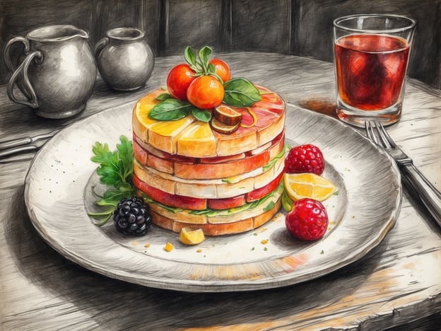 Auf dem Bild ist ein kunstvoll angerichteter Teller mit mehreren Schichten aus frischem Obst und Gemüse zu sehen. Diese Schichtung besteht aus verschiedenen bunten Zutaten, die himmlisch kombiniert sind. Auf dem Teller befinden sich auch einige Beeren, wie Himbeeren und schwarze Beeren, sowie eine Zitronenscheibe und Kräuter, die dem Gericht eine frische Note verleihen.Im Hintergrund steht ein Glas mit einer dunklen Flüssigkeit, vielleicht ein Erfrischungsgetränk oder ein Cocktail, und zwei kleine Karaffen, die wahrscheinlich für Saucen oder Dressings gedacht sind. Dieses Gericht könnte ein Beispiel für modernes Food Design sein, das Genuss und Ästhetik vereint und ein wahres kulinarisches Erlebnis darstellt.