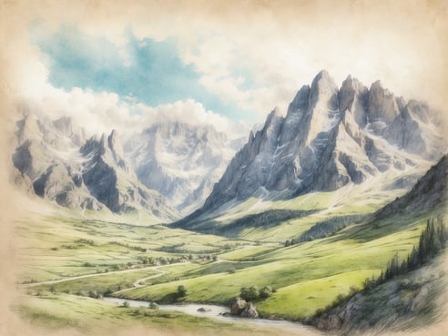 Eine malerische Landschaft mit majestätischen, hoch aufragenden Bergen, die in sanften Grüntönen verliehen sind. Der Himmel ist hellblau mit einigen weißen, fluffigen Wolken. Im Vordergrund schlängelt sich ein ruhiger Fluss durch die weite, grüne Ebene, die von sanften Hügeln und einzelnen Baumgruppen gesäumt ist. In der Ferne sind kleinere Siedlungen zu sehen, eingebettet in die unberührte Natur des Tals, während die markanten Bergspitzen im Hintergrund eindrucksvoll emporstechen.