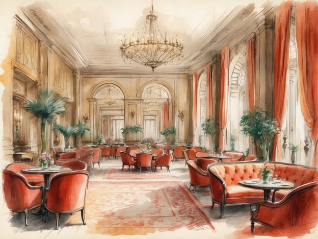 Auf dem Bild ist eine stilvolle Inneneinrichtung eines Cafés oder Salons zu sehen. Der Raum ist elegant gestaltet, mit roten Polstermöbeln und großen Fenstern, durch die viel Licht strömt. Über den Tischen sind Blumenarrangements platziert, und es gibt einen prächtigen Kronleuchter an der Decke.In Verbindung mit der Geschichte des Studio M Arabian Plaza könnte solch ein Raum eine inspirierende Umgebung für kreative Meetings oder gesellschaftliche Zusammenkünfte darstellen. Das Studio M könnte diesen Platz genutzt haben, um künstlerische Projekte zu fördern, Networking-Events zu veranstalten oder einfach eine angenehme Atmosphäre für Austausch und kreatives Arbeiten zu schaffen.