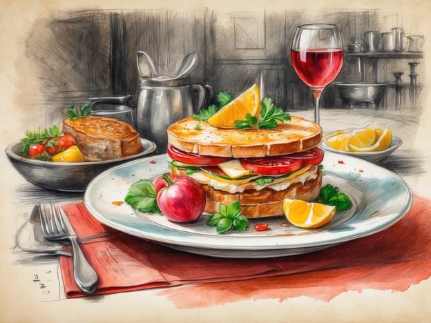Auf dem Bild ist ein appetitliches kulinarisches Erlebnis zu sehen. Im Vordergrund befindet sich ein üppiger Sandwich-Turm, der mit frischen Zutaten wie Tomaten, Gurken und Salatblättern gefüllt ist. Um das Sandwich herum sind dekorative Elemente wie Apfel und Orangenstücke angeordnet, die einen fruchtigen Kontrast bieten.Auf dem Tisch steht zusätzlich ein Glas roséfarbenen Wein, was eine festliche Note hinzufügt. Im Hintergrund sieht man eine Schüssel mit Kirschtomaten und ein Stück Brötchen, das wohl als Begleitung dient. Diese Anordnung lädt zum Genießen und Verweilen ein, perfekt für ein entspanntes Mittagessen oder ein gemütliches Abendessen.