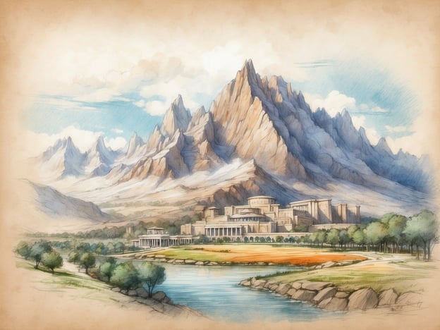 Auf dem Bild ist eine beeindruckende Landschaft zu sehen. Im Vordergrund fließt ein ruhiger Fluss, umgeben von grünen Bäumen und sanften Wiesen. Links ist eine abwechslungsreiche Uferlinie mit einigen Felsen sichtbar. Im Hintergrund erheben sich majestätische Berge mit steilen, zerklüfteten Gipfeln, die den Himmel berühren.Am Fuß der Berge befindet sich eine große, beeindruckende Architektur, die an eine antike Stadt oder ein Schloss erinnert. Diese Bauwerke sind mit klaren Linien und architektonischen Details dargestellt, was darauf hindeutet, dass sie eine zentrale Rolle in der Umgebung spielen. Die gesamte Szenerie strahlt Ruhe und Erhabenheit aus, mit einem klaren blauen Himmel und sanften Wolken, die zur malerischen Stimmung beitragen.
