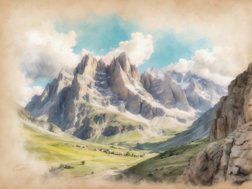 Majestätische Berglandschaft in Südtirol mit hoch aufragenden Gipfeln und sanften grünen Tälern. Die Berge sind schroff und jagged, ihre Felsen strahlen unter dem klaren blauen Himmel und über weißen Wolken. Im Vordergrund erstreckt sich eine weite Wiese, wo verstreute kleine Dörfer zu sehen sind. Diese Szene vermittelt eine ruhige und friedliche Atmosphäre, die zum Entdecken weniger bekannter Wanderwege und versteckter Plätze einlädt, abseits der typischen Touristenrouten.