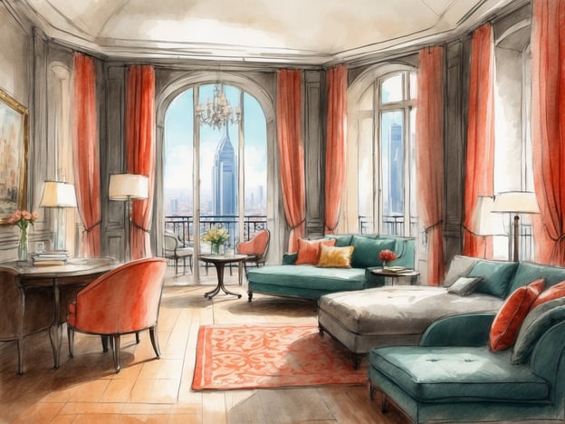 Das Bild zeigt eine elegante Suite im Studio M Hotel. Die Suite ist geschmackvoll eingerichtet mit großen Fenstern, durch die viel Tageslicht strömt. Die Wände sind in sanften Farben gehalten, und es gibt dekorative Vorhänge in einem kräftigen Rot.Im Raum gibt es gemütliche Möbel, darunter ein großes Sofa in kräftigen Farben, einen stilvollen Tisch und einen Arbeitsplatz mit einem Schreibtisch. Neben blühenden Pflanzen und einer Einrichtung, die Komfort und Stil vereint, bietet die Suite einen Blick auf beeindruckende Wolkenkratzer, was einen urbanen Charme vermittelt.