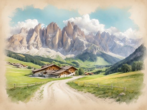 Eine malerische Landschaft in Südtirol mit sanften grünen Wiesen und majestätischen Bergen im Hintergrund. Im Vordergrund verläuft ein Kiesweg, der zu charmanten, traditionellen Holzhäusern führt. Die Berge sind beeindruckend und erhaben, teilweise mit Schnee bedeckt, während der Himmel klar und mild ist. Diese Idylle bietet eine perfekte Kulisse für einen Familienurlaub mit Kleinkindern in einem ruhigen und naturnahen Ambiente.