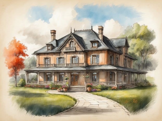 Auf dem Bild ist ein stilvolles, historisch anmutendes Gebäude zu sehen, das an die Architektur des Baileys Hotels erinnert. Es weist folgende einzigartige Merkmale auf:1. **Veranda**: Eine einladende, überdachte Veranda, die die Fassade umgibt und einen charmanten, heimeligen Eindruck vermittelt.2. **Dachformen**: Komplexe Dachlinien mit steilen Giebeln und einer Mischung aus schiefer- und Ziegeldächern sorgen für einen eleganten Look.3. **Fenster mit Fensterläden**: Die großen Fenster sind häufig mit dekorativen Fensterläden versehen, die dem Gesamtbild eine traditionelle Note verleihen.4. **Naturverbundenheit**: Die umgebende Landschaft mit farbenfrohen Blumen und Bäumen ergänzt die luxuriöse Atmosphäre und suggeriert einen ruhigen, idyllischen Aufenthalt.5. **Detailreichtum**: Verzierungen an der Fassade, wie zum Beispiel Schnitzereien, verleihen dem Gebäude Charakter und verdeutlichen die Liebe zum Detail.Insgesamt strahlt das Bild eine einladende und zugleich elegante Ausstrahlung aus, die typisch für ein Hotel wie das Baileys ist.