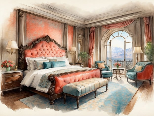 Auf dem Bild ist ein elegantes Schlafzimmer zu sehen, das mit einem großen, gepolsterten Bett in sanften Farben und stilvollen Möbeln eingerichtet ist. Die Wände haben eine warme Farbgebung, und große Fenster bieten einen Blick auf eine malerische Landschaft. Das Zimmer wirkt großzügig und einladend, perfekt für entspannende Aufenthalte.Diese Art von Zimmer könnte den luxuriösen Suiten im Bostonianer Boston ähneln, die für ihren Komfort und ihre stilvolle Ausstattung bekannt sind. Die Mischung aus klassischem Design und modernen Akzenten schaffen eine entspannte Atmosphäre für Gäste.