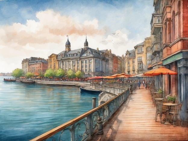Auf dem Bild ist eine malerische Uferpromenade zu sehen. Neben dem Wasser stehen historische Gebäude, die in verschiedenen Farben gehalten sind. Es scheint eine lebhafte Atmosphäre zu herrschen, da im Freien Tische mit roten Sonnenschirmen aufgestellt sind, die zum Verweilen einladen. Einige Menschen flanieren die Promenade entlang, und es sind auch Boote im Wasser zu sehen. Die Stadt hat eine charmante, europäische Anmutung mit Bäumen und Pflanzen, die für eine angenehme Umgebung sorgen.Diese Szenerie erinnert an den Bostoner Hafenbereich, besonders in Gebieten wie dem Boston Waterfront oder dem Seaport District, wo ähnliche charmante Elemente und eine lebendige Uferkultur zu finden sind.