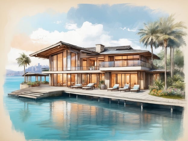 Auf dem Bild ist eine stilisierte Darstellung eines luxuriösen Strandhauses zu sehen. Es hat große Fenster, moderne Architektur und ist von Palmen sowie einer attraktiven Umgebung umgeben.Das Chelsea Harbour Hotel & Spa ist ein bekanntes Hotel in London, das direkt an der Themse liegt. Es bietet elegante Suiten mit herrlichem Blick auf den Hafen und die Stadt. Zu den Annehmlichkeiten zählen ein gehobenes Restaurant, ein stilvolles Spa und erstklassige Tagungseinrichtungen. Die ruhige Lage und die geschmackvolle Einrichtung machen es zu einem beliebten Ziel für Geschäftsreisende und Urlauber gleichermaßen.