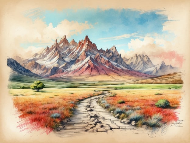 Auf dem Bild sind beeindruckende Berge mit schneebedeckten Gipfeln zu sehen, die sich über eine weite, farbenfrohe Landschaft erstrecken. Ein schmaler, steiniger Weg führt durch die Szenerie und wird von verschiedenen Pflanzenarten gesäumt. Die Farben des Geländes variieren von sattem Grün bis zu lebhaften Rottönen und Gelbtönen, die das Bild lebendig wirken lassen. Es scheint ein friedlicher und malerischer Ort zu sein, der die Schönheit der Natur betont.Die Natur und Landschaft von Spiekeroog sind jedoch geprägt von sanften Dünen, weiten Stränden und reetgedeckten Häusern, die das Bild charmant und einzigartig machen. In Spiekeroog findet man oft eine ruhige und entspannte Atmosphäre, die perfekt für Naturliebhaber ist.