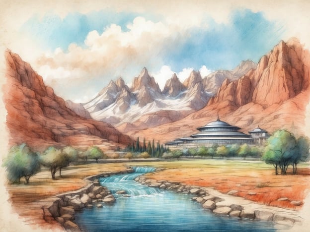 Auf dem Bild ist eine malerische Landschaft mit einem eindrucksvollen Bauwerk, das wahrscheinlich eine kulturelle oder historische Bedeutung hat. Umgeben von majestätischen Bergen und einem ruhigen Fluss, strahlt die Szene Ruhe und Schönheit aus. Die farbenfrohe Natur mit grünen Bäumen und sanften Wiesen fügt sich harmonisch in die Umgebung ein.Die herausragende Lage der Ansiedlung, zwischen imposanten Berggipfeln und einem klaren Gewässer, könnte eine ideale Ausgangsbasis für Erkundungen in der Natur sein. In der Nähe befinden sich womöglich mehrere Sehenswürdigkeiten wie Wanderwege in den Bergen, Aussichtspunkte und vielleicht historische Stätten, die Besucher anziehen. Solch eine Kulisse bietet sowohl Erholung als auch Abenteuer und könnte Besucher dazu einladen, die Schönheit der Umgebung zu entdecken.