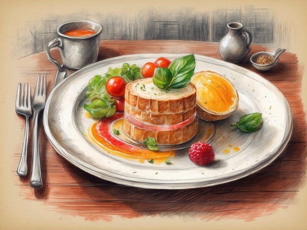 Auf dem Bild ist ein kunstvoll angerichtetes Gericht zu sehen, das sowohl optisch als auch geschmacklich ein Highlight darstellt. Es besteht aus mehreren Schichten, möglicherweise einer Terrine oder einem geschichteten Salat, garniert mit frischen Kräutern wie Basilikum. Dazu gibt es bunte Beilagen, darunter Tomaten und Himbeeren, sowie eine kleine Portion einer gelben Sauce oder Creme.Die gastronomischen Highlights im Hotel könnten saisonale Zutaten, kreative Präsentation und ein Augenmerk auf lokale Aromen sein, die in dieser Speise perfekt zur Geltung kommen. Auch die begleitenden Getränke wie die kleine Tasse Tomatensaft verleihen dem Gesamtbild einen besonderen Eindruck.