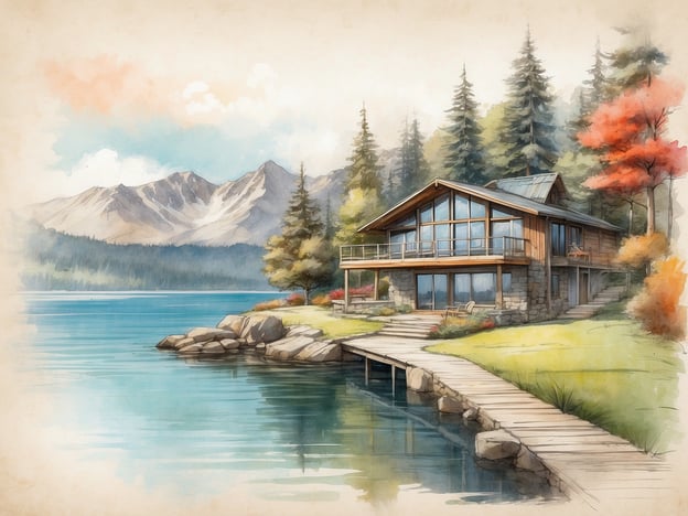Auf dem Bild ist eine malerische Landschaft zu sehen, die ein modernes Ferienhaus am Ufer eines ruhigen Sees darstellt. Im Hintergrund erstrecken sich schneebedeckte Berge, und der Bereich ist von dichten Wäldern umgeben. Das Haus hat große Glasfenster, die einen eindrucksvollen Blick auf die Natur bieten, sowie eine Holzterrasse, die direkt zum Wasser führt.Der Lakefront Anchorage ist bekannt für seine atemberaubende Lage und die Nähe zur Natur, was perfekte Möglichkeiten für Erholung und Abenteuer im Freien bietet. Solche malerischen Ausblicke sind charakteristisch für die Region, die sowohl für ihre Schönheit als auch für Freizeitaktivitäten wie Wandern, Angeln und Bootsfahrten geschätzt wird.