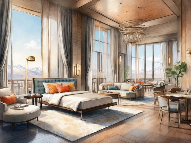 Auf dem Bild ist ein luxuriös eingerichtetes Zimmer zu sehen, das sowohl Wohn- als auch Schlafbereiche kombiniert. Die großen Fenster bieten einen beeindruckenden Ausblick auf die Berge und lassen viel natürliches Licht herein. Im Schlafbereich steht ein großes Bett mit bunten Kissen, daneben ein kleiner Tisch mit einem Buch und einer Lampe.Der Wohnbereich ist mit einem komfortablen Sofa und einem Sessel ausgestattet, während ein Esstisch mit Stühlen im Hintergrund steht. Die Dekoration ist modern und elegant, mit natürlichen Materialien und harmonischen Farben, die eine einladende Atmosphäre schaffen.