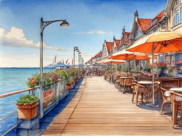 Auf dem Bild ist eine malerische Uferpromenade zu sehen, die von schönen Gebäuden gesäumt ist. An beiden Seiten der Promenade sind Restaurants und Cafés mit Sonnenschirmen. Die blühenden Pflanzen schaffen eine einladende Atmosphäre. Besucher ziehen entlang der Promenade und genießen die Aussicht auf das Wasser.Es gibt sicherlich Einkaufsmöglichkeiten in der Nähe, wo Souvenirs wie lokale Kunsthandwerke oder spezielle Leckereien verkauft werden. Diese Umgebung lädt förmlich dazu ein, kleine Andenken an den Besuch zu erwerben.