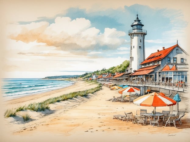 Auf dem Bild ist eine malerische Küstenlandschaft zu sehen, die an Spiekeroog erinnert. Im Vordergrund gibt es einen breiten Sandstrand, der zum Spielen, Sonnenbaden und für Strandspaziergänge einlädt. Die bunten Liegestühle und Sonnenschirme deuten darauf hin, dass hier Entspannung und Erholung großgeschrieben werden.Im Hintergrund steht ein charakteristischer Leuchtturm, der oft ein beliebtes Fotomotiv und Aussichtspunkt auf der Insel ist. Die Gebäude entlang der Küste könnten Cafés oder Restaurants sein, wo Besucher lokale Spezialitäten genießen können.Auf Spiekeroog kann man auch Fahrradtouren unternehmen, Wattwanderungen machen oder die Schönheit der Natur im Nationalpark Niedersächsisches Wattenmeer entdecken. Diese Aktivitäten sowie die Möglichkeit zu schwimmen und die frische Nordseeluft zu genießen, machen die Insel zu einem attraktiven Reiseziel.