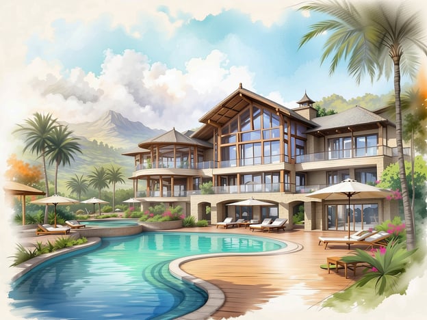 Auf dem Bild ist ein malerisches Resort zu sehen, das an ein luxuriöses Hotel erinnert. Es verfügt über eine moderne Architektur mit großen Fenstern und Holzdetails. Vor dem Gebäude erstreckt sich ein Pool, der von Palmen und üppiger Vegetation umgeben ist. Liegen und Sonnenschirme am Pool laden zum Entspannen ein. Im Hintergrund sind sanfte Hügel oder Berge sichtbar, die das tropische Ambiente verstärken.Das VIVA Cala Mesquida Resort & Spa ist bekannt für seine idyllische Lage an der Küste, luxuriöse Unterkünfte und erstklassige Wellnessangebote. Es bietet Gästen Zugang zu einem schönen Strand, mehrere Pools, Restaurants mit mediterraner Küche und eine Vielzahl von Aktivitäten für Familien sowie Paare.