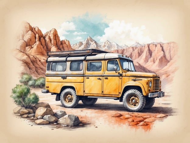 Auf dem Bild ist ein gelber Reisebus in einer wüstenähnlichen Landschaft zu sehen, umgeben von beeindruckenden Felsen und Bergen. Diese Szene lädt zu verschiedenen Aktivitäten und Ausflügen ein, wie zum Beispiel:1. **Roadtrips**: Entdecken Sie abgelegene Landschaften mit dem Bus, ideal für Abenteuerreisen.2. **Wanderungen**: Erkunden Sie die umliegenden Berge und Felsen zu Fuß, um die Natur hautnah zu erleben.3. **Camping**: Nutzen Sie den Bus als mobilen Unterschlupf und campen Sie unter den Sternen.4. **Fototouren**: Halten Sie die atemberaubenden Landschaften und die Stimmung der Natur mit Ihrer Kamera fest.5. **Sightseeing**: Besuchen Sie nahegelegene Sehenswürdigkeiten und genießen Sie die Aussicht.Diese Aktivitäten machen aus diesem Bild eine inspirierende Einladung zur Erkundung der Natur.
