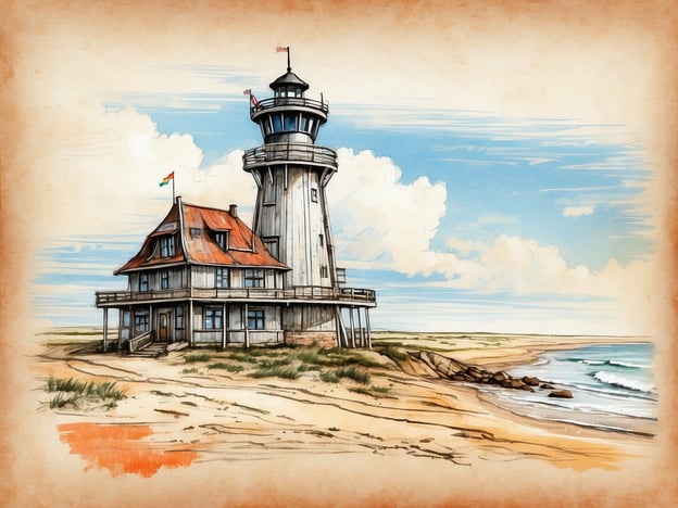 Auf dem Bild ist ein historischer Leuchtturm zu sehen, der direkt am Strand steht, umgeben von sandigen Dünen und dem Meer. Der Leuchtturm hat eine charakteristische Architektur mit einem hohen Turm, einer Kuppel und einem rot-weiß gestreiften Hut.In Bezug auf die Geschichte von Wangerooge könnte man sagen, dass der Leuchtturm ein Symbol für die Sicherheit der Schifffahrt ist und eng mit der maritime Tradition der Insel verbunden ist. Wangerooge, als eine der ostfriesischen Inseln, hat eine reiche Geschichte der Seefahrt und des Handels. Der Leuchtturm dient nicht nur als Orientierungspunkt für Schiffe, sondern auch als ein beliebtes Motiv für die Besucher, die die entspannte Atmosphäre der Insel genießen möchten.