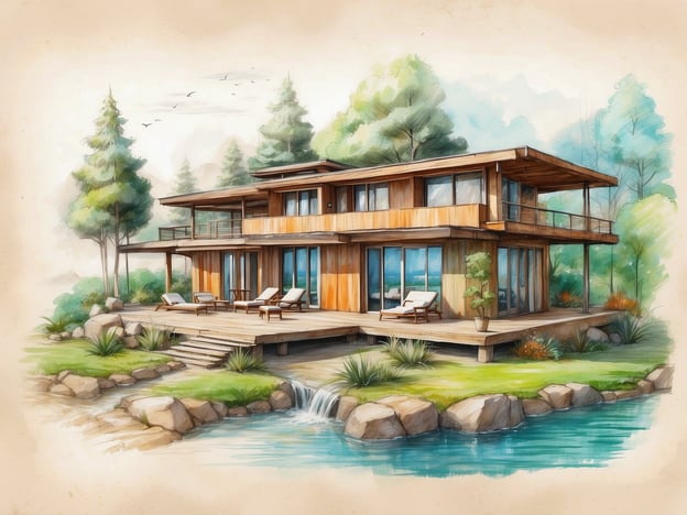 Auf dem Bild ist ein modernes, umweltfreundliches Holzhaus zu sehen, das harmonisch in eine naturnahe Umgebung integriert ist. Es spiegelt die Prinzipien der Nachhaltigkeit wider, die auch bei VIVA Hotels von großer Bedeutung sind. Diese Hotels setzen auf umweltbewusste Praktiken, um ihre Auswirkungen auf die Natur zu minimieren.Das Design des Hauses mit großen Fenstern fördert Tageslicht und eine Verbindung zur Natur, während die Umgebungsbegrünung und das Wasser, das sanft fließt, für eine harmonische Atmosphäre sorgen. VIVA Hotels engagieren sich, Ressourcen effizient zu nutzen und lokale Materialien zu verwenden, um den Umweltschutz zu unterstützen und ihren Gästen ein einzigartiges Erlebnis in der Natur zu bieten.