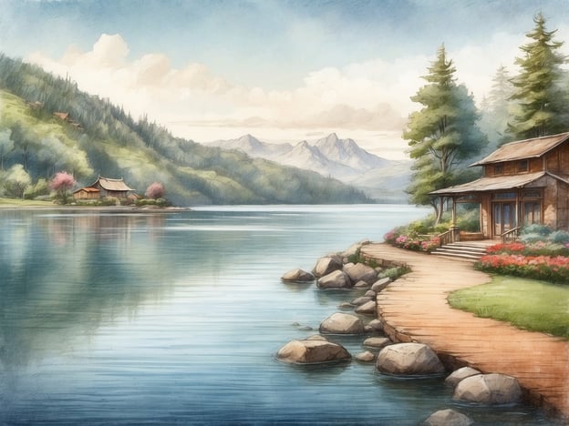 Auf dem Bild ist eine malerische Landschaft mit einem ruhigen See, umgeben von sanften Hügeln und Bergen zu sehen. An der Uferlinie befinden sich Holzstege und bunte Blumenbeete. Die Szenerie strahlt eine friedliche und idyllische Atmosphäre aus, die ideal für Erholung und Naturerlebnis ist.VIVA Eden Lago liegt in einer reizvollen Umgebung, die sich gut für Spaziergänge entlang des Wassers und aktive Freizeitgestaltung in der Natur eignet. Die Kombination von Wasser, Bergen und üppiger Vegetation schafft einen perfekten Rückzugsort für Erholungssuchende und Naturliebhaber.