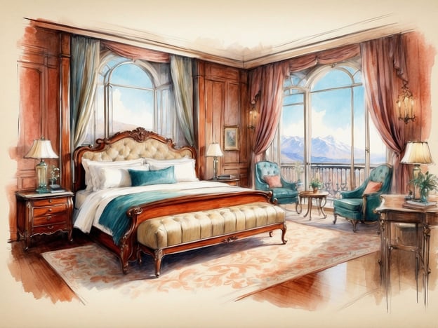 Auf dem Bild ist ein elegantes Schlafzimmer zu sehen, das mit hochwertigen Möbeln ausgestattet ist. Die Unterkünfte umfassen ein großes, gepolstertes Bett mit einer geschmackvollen Bettwäsche in sanften Farbtönen. Neben dem Bett stehen Nachttische mit stilvollen Lampen.Die Ausstattung besteht aus zwei bequemen Sessel in einer ansprechenden Farbe, die um einen kleinen Tisch angeordnet sind. Vor den Fenstern hängen kostbare Vorhänge, und die großen Fenster bieten einen atemberaubenden Ausblick auf die Berge. Der Raum ist mit einem dekorativen Teppich und Holzfußboden gestaltet, was zu einer warmen und einladenden Atmosphäre beiträgt.