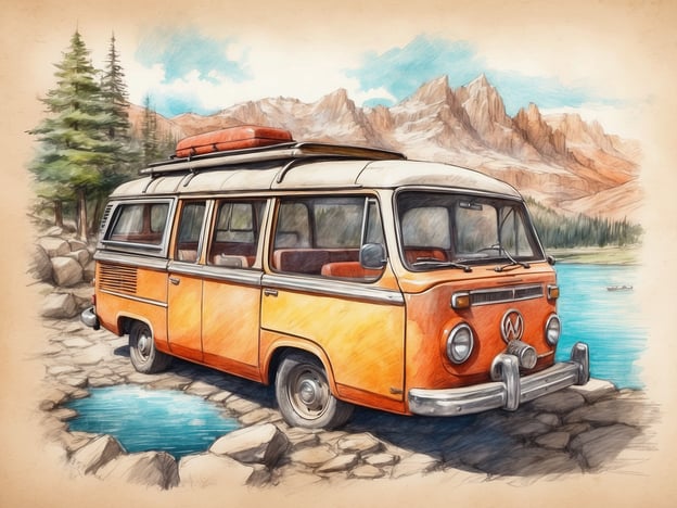 Auf dem Bild ist ein orangefarbener VW-Bus zu sehen, der an einem malerischen Ort zwischen Felsen und einem klaren Gewässer parkt. Im Hintergrund erkennt man majestätische Berge und Nadelbäume.Dieser Ort bietet zahlreiche Freizeit- und Unterhaltungsmöglichkeiten, wie zum Beispiel:- **Camping**: Der VW-Bus eignet sich hervorragend für Ausflüge ins Freie, um in der Natur zu campen.- **Wandern**: Die umliegenden Berge laden zu Wanderungen und Erkundungen der Umgebung ein.- **Angeln**: Das klare Wasser bietet möglicherweise Möglichkeiten zum Angeln.- **Picknick**: Die schöne Landschaft eignet sich ideal für ein Picknick im Freien.- **Fotografie**: Die idyllische Umgebung ist perfekt für Landschafts- und Naturfotografie.Insgesamt bietet das Bild einen Eindruck von Abenteuer und Erholung in der Natur.