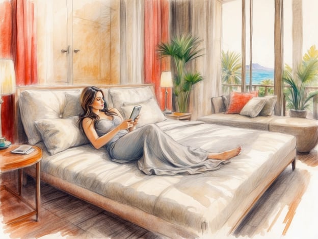 Auf dem Bild ist eine Frau zu sehen, die entspannt in einem stilvollen Zimmer auf einem großen Bett liegt. Sie liest auf ihrem Smartphone, umgeben von einer angenehmen und ruhigen Atmosphäre. Die Einrichtung des Raumes vermittelt ein Gefühl von Komfort und Eleganz, während große Fenster einen Blick auf die Natur und das Meer bieten.Diese Szenerie spiegelt perfekt das Konzept von Entspannung und Genuss für Erwachsene in den VIVA Hotels wider, wo Gäste in einer ruhigen Umgebung abschalten und den Alltag hinter sich lassen können. Die stilvolle Einrichtung und der Fokus auf Entspannung sorgen für ein unvergessliches Erlebnis.