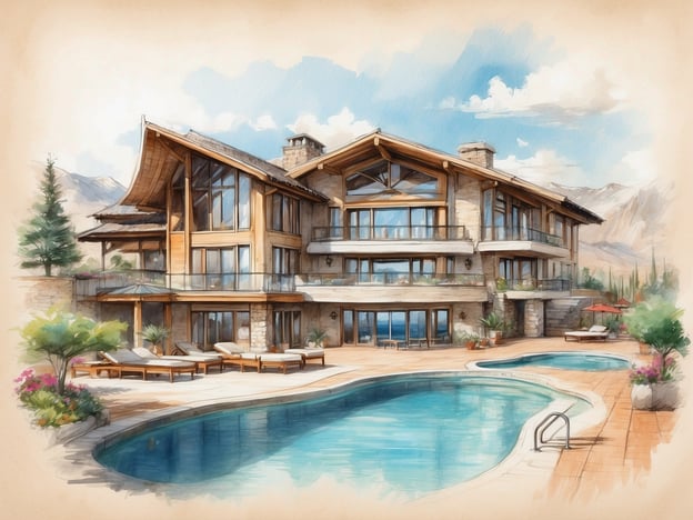 Auf dem Bild ist ein wunderschönes Hotel oder eine elegante Ferienunterkunft zu sehen. Es beeindruckt durch seine architektonische Gestaltung, die mit großen Fensterfronten und einem harmonischen Mix aus Holz und Stein arbeitet.Zu den einzigartigen Merkmalen gehören:- **Abwechslungsreiche Poollandschaft**: Zwei Pools sind sichtbar, die zum Entspannen und Baden einladen.- **Sonnenterrasse**: Komfortable Liegen auf der Terrasse bieten einen idealen Ort, um die Sonne zu genießen.- **Naturnahe Umgebung**: Umgeben von beeindruckenden Bergen und grünen Pflanzen, vermittelt das Hotel ein Gefühl von Ruhe und Abgeschiedenheit.- **Moderne Annehmlichkeiten**: Die großzügigen Fenster ermöglichen eine helle und freundliche Atmosphäre in den Innenräumen und bieten einen herrlichen Ausblick.Insgesamt vermittelt das Hotel ein Gefühl von Luxus und Erholung in einer traumhaften Landschaft.