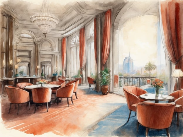 Auf dem Bild ist eine elegante Hotellobby oder ein Aufenthaltsraum zu sehen. Der Raum ist großzügig gestaltet, mit hohen Decken und großen Fenstern, die viel Licht hereinlassen. Es gibt stilvolle Möbel, einschließlich runder Tische und bequemer Stühle in sanften Farbtönen.Die Umgebung des Hotels erkunden könnte bedeuten, dass man von hier aus einen Blick auf die Stadt hat, da im Hintergrund ein Hochhaus sowie Palmen sichtbar sind. Die Einrichtung und die große Kronleuchter verleihen dem Raum ein gehobenes Ambiente, das perfekt für Treffen oder zum Entspannen ist. Es scheint ein angenehmer Ort zu sein, um den Ausblick zu genießen und die Atmosphäre des Hotels zu erleben.