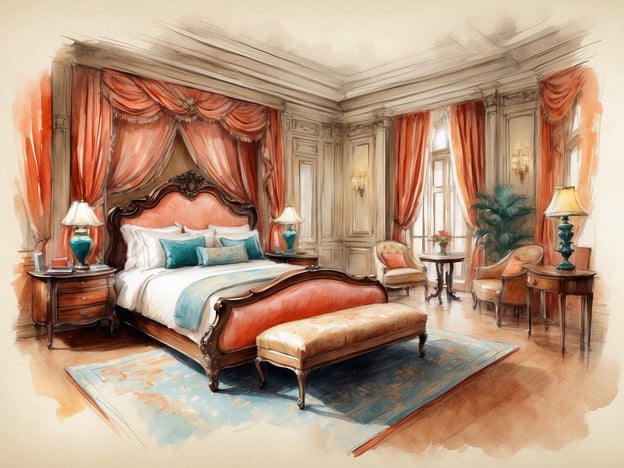 Auf dem Bild ist ein stilvolles und luxuriöses Schlafzimmer zu sehen, das an die exquisiten Unterkünfte von Tafer Hotels & Resorts erinnert. Der Raum ist elegant eingerichtet mit einem großen, reich verzierten Bett, sanften Farbtönen und kunstvollen Vorhängen. Dazu gibt es geschmackvolle Möbelstücke wie Nachtische und einen gemütlichen Sitzbereich, der eine einladende Atmosphäre schafft. Die insgesamt harmonische Gestaltung und der luxuriöse Look spiegeln den hohen Standard wider, den Gäste in den Luxusunterkünften von Tafer Hotels & Resorts erwarten können.