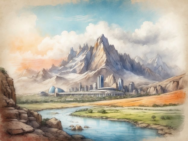 Auf dem Bild ist eine beeindruckende Landschaft zu sehen. Im Hintergrund erheben sich majestätische Berge mit schroffen Gipfeln und einer dramatischen Wolkenformation darüber. Vor den Bergen erstreckt sich eine moderne Stadt mit hohen Gebäuden und futuristischen Strukturen, die teilweise von einer durchgehenden U-Bahn-ähnlichen Konstruktion verbunden sind.Im Vordergrund fließt ein klarer Fluss, der sanft durch die Landschaft mäandriert. An den Ufern des Flusses sind grüne Wiesen und kleine Bauminseln sichtbar, die einen Kontrast zu den trockeneren, steinigen Bereichen der Umgebung bieten. Insgesamt vermittelt das Bild eine harmonische Verbindung zwischen Natur und urbanem Leben.