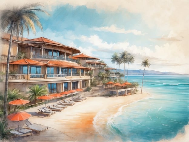Auf dem Bild ist eine malerische Strandlandschaft zu sehen, die mit einem luxuriösen Gebäude im Hintergrund kombiniert ist. Das Gebäude hat ein traditionelles, architektonisches Design mit einem roten Ziegeldach und großen Fensterfronten. Vor dem Gebäude befinden sich Liegen und Sonnenschirme in einer auffälligen orangefarbenen Farbe, die eine entspannte Urlaubsatmosphäre schaffen. Das Wasser ist klar und schimmert in verschiedenen Blautönen, während Palmen das Ufer säumen und ein tropisches Ambiente verleihen.Garza Blanca Cancun ist ein beliebtes Luxusresort, das für seine atemberaubende Lage am Strand, hervorragenden Service und zahlreiche Annehmlichkeiten bekannt ist. Das Resort bietet eine Vielzahl von Freizeitmöglichkeiten, darunter Pools, Restaurants und Wellnessangebote, die den Gästen helfen, sich zu entspannen und ihre Zeit in dieser idyllischen Umgebung zu genießen.