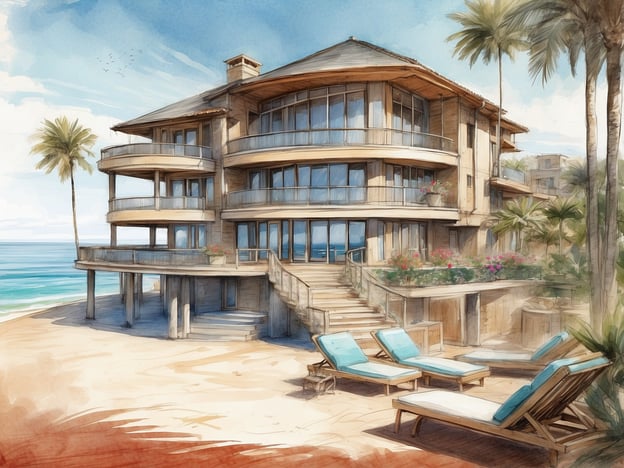 Auf dem Bild ist eine moderne Villa zu sehen, die am Strand steht. Die Architektur der Villa ist offen und einladend mit großen Fenstern, die einen Blick auf das Meer bieten. Um die Villa herum sind Palmen und Blumen, was eine tropische Atmosphäre schafft.Die Geschichte von Villa del Palmar ist geprägt von ihrer Entwicklung als beliebtes Reiseziel in Mexiko. Ursprünglich als Ort für entspannende Urlaubserlebnisse konzipiert, hat sich die Villa im Laufe der Jahre zu einem Symbol für Luxus und Erholung entwickelt. Gäste können hier erstklassige Annehmlichkeiten genießen und die Schönheit der umliegenden Natur erleben, während sie sich in einer idyllischen Umgebung entspannen.