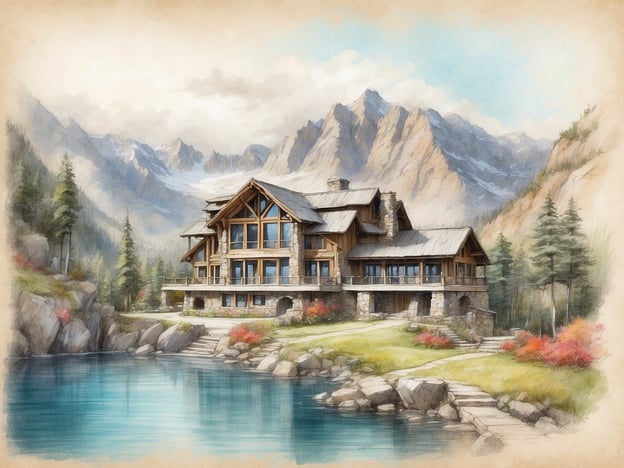 Auf dem Bild ist eine wunderschöne Urlaubshütte oder ein Resort zu sehen, umgeben von majestätischen Bergen und einem klaren See. Die Architektur hat ein rustikales Design mit Holz- und Steinelementen, das gut in die natürliche Umgebung integriert ist.Das Sierra Lago Resort, das möglicherweise in ähnlicher Form dargestellt wird, bietet eine idyllische Flucht aus dem Alltag. Es ist bekannt für seine naturnahe Lage, luxuriöse Unterkünfte und zahlreiche Freizeitmöglichkeiten wie Wandern, Angeln und Entspannung in einer malerischen Umgebung. Die Kombination aus Bergen, Wäldern und Wasser macht es zu einem perfekten Ziel für Natur- und Abenteuerliebhaber.