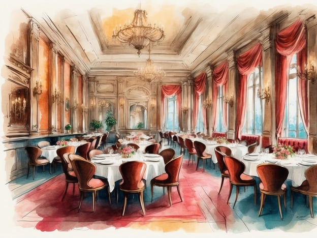 Auf dem Bild ist ein eleganter Speisesaal in einem Resort zu sehen. Der Raum ist geschmackvoll mit runden Tischen und stilvollen Stühlen eingerichtet. Über den Tischen sind zarte Blumenarrangements drapiert, die eine einladende Atmosphäre schaffen.Die großen Fenster lassen viel Licht herein und bieten einen Blick auf die umliegende Landschaft. Der opulente Kronleuchter und die geschmackvollen Vorhänge verleihen dem Raum ein luxuriöses Flair. Solch ein Ambiente eignet sich hervorragend für besondere Anlässe oder feine Dinner-Erlebnisse, bei denen Gäste exquisite Gerichte und erlesene Getränke genießen können. Insgesamt strahlt der Raum eine Atmosphäre von Eleganz und Raffinesse aus, die das Gastronomieerlebnis im Resort zu etwas Besonderem macht.