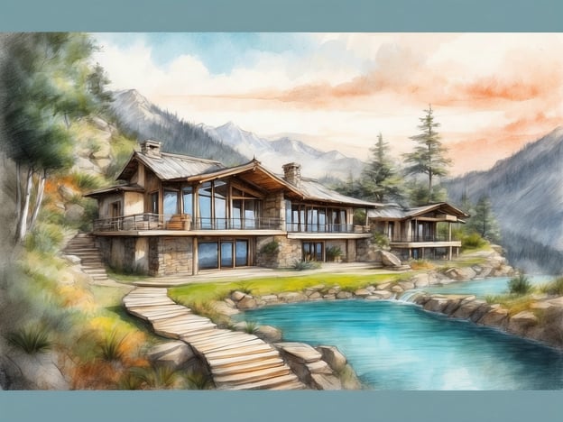 Auf dem Bild ist eine schöne, malerische Landschaft mit modernen Hütten zu sehen, die an einem klaren Wasserlauf liegen. Umgeben von majestätischen Bergen und üppigem Grün strahlt die Szenerie Ruhe und Harmonie aus. Die Schönheit von Sian Ka'an Village entdecken, vereint Natur und Architektur auf harmonische Weise, lädt dazu ein, die friedliche Umgebung und die beeindruckende Landschaft zu genießen.