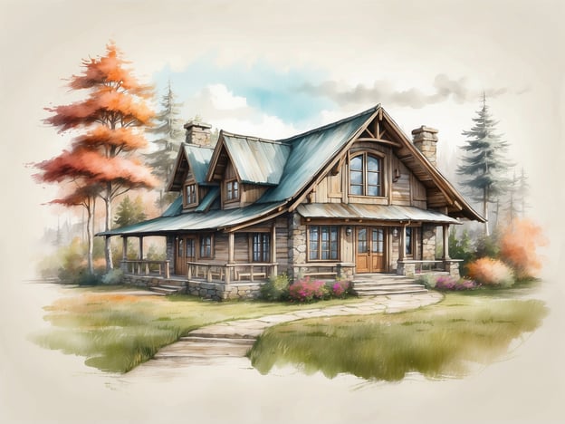 Auf dem Bild ist ein malerisches Ferienhaus zu sehen, das von einer schönen Naturkulisse umgeben ist. Die Architektur des Hauses kombiniert Holz und Stein, was eine rustikale und gemütliche Atmosphäre schafft.
Das Haus verfügt über eine Veranda, die einladend wirkt, sowie große Fenster, die viel Tageslicht hereinlassen. Die Umgebung ist geprägt von Bäumen, die teilweise herbstlich gefärbt sind, und bunten Blumen, die dem Gesamtbild eine freundliche Note verleihen.
Dieses Haus könnte sich ideal für einen Urlaub in der Natur eignen, zum Beispiel als Ferienwohnung oder für einen romantischen Kurzurlaub. Es bietet Platz für verschiedene Zimmeroptionen, wie ein Schlafzimmer für Paare, ein gemütliches Wohnzimmer mit Kamin und eventuell ein kleiner Essbereich.