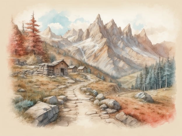 Auf dem Bild ist eine malerische Berglandschaft mit hohen Gipfeln und einem steinigen Weg zu sehen, der durch die Natur führt. Die Umgebung ist von Bäumen und zerfallenen Hütten geprägt, die für eine rustikale Atmosphäre sorgen.
In dieser Art von Landschaft kann man verschiedene Freizeitaktivitäten genießen, wie Wandern, Mountainbiken oder Fotografie. Zudem bieten sich Möglichkeiten für Picknicks oder einfach entspannende Spaziergänge in der Natur. Beliebte Sehenswürdigkeiten in Bergregionen sind oft Aussichtspunkte, von denen aus man einen atemberaubenden Blick auf die Gipfel und Täler hat, sowie Naturparks oder Wanderwege, die durch wunderschöne Landschaften führen.
