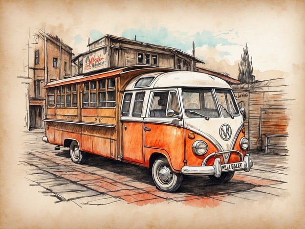 Auf dem Bild ist ein retro-minivan oder ein Volkswagen Bus zu sehen, der orange-weiß lackiert ist. Solche Fahrzeuge sind oft mit kulturellen Veranstaltungen und Angeboten verbunden, wie Food Festivals oder Märkten, wo sie als mobile Verkaufsstände oder Essenswagen eingesetzt werden. Oftmals bieten sie die Möglichkeit, lokale Spezialitäten zu probieren oder an Gemeinschaftsveranstaltungen teilzunehmen, die das kulturelle Leben der Region bereichern. Es könnte sich also um einen beliebten Treffpunkt für Besucher handeln, der ein Stück lebendige Kultur und Tradition widerspiegelt.