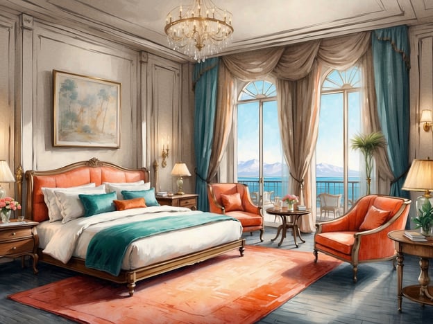 Auf dem Bild ist ein elegantes Schlafzimmer zu sehen. Es gibt ein großes, bequemes Bett mit einer weißen Bettdecke und Kissen in verschiedenen Farben, darunter teal und orange. Die Wände sind stilvoll dekoriert, und ein großes Fenster bietet einen schönen Ausblick auf das Meer sowie die Berge im Hintergrund.
Im Zimmer befinden sich auch zwei gemütliche Sessel in orangefarbenem Stoff, die um einen kleinen Tisch gruppiert sind. Eine Pflanze und eine Tischlampe ergänzen die Einrichtung. Ein Teppich in warmen Farben rundet das Ambiente ab. Insgesamt wirkt das Zimmer sehr einladend und luxuriös, ideal für Entspannung und Komfort.
