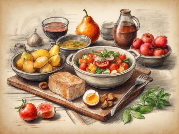Auf dem Bild sind verschiedene kulinarische Erlebnisse zu sehen. Es gibt eine ansprechend arrangierte Obst- und Gemüseauswahl, darunter Tomaten, Äpfel, Birnen und Zitronen. Eine bunte Salatschüssel mit frischen Zutaten, die mit Kräutern garniert ist, scheint im Mittelpunkt zu stehen. Daneben liegt ein Stück Brot und ein gekochtes Ei, das Gerichte bereichern könnte.
Verschiedene Getränke, möglicherweise ein Wein oder Saft, runden das Bild ab. Diese Zusammensetzung lädt ein, die frischen Aromen und die Vielfalt der Zutaten direkt vor Ort zu genießen, was ein echtes gastronomisches Erlebnis schafft.