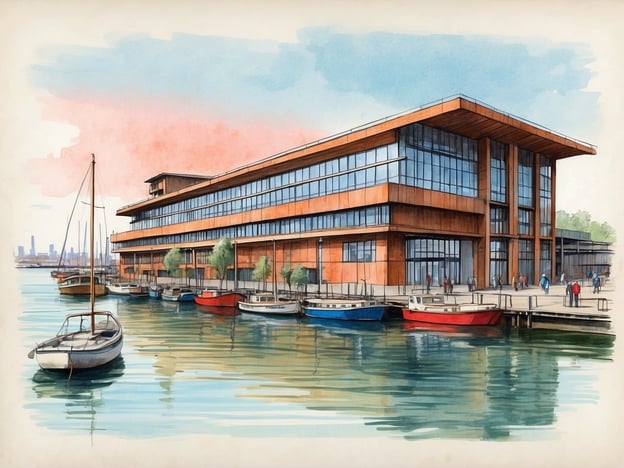 Auf dem Bild ist ein modernes Gebäude am Wasser zu sehen, das durch seine Glasfront und die klare, architektonische Gestaltung auffällt. Im Vordergrund sind mehrere Boote am Steg vertäut, was an die maritime Atmosphäre der Speicherstadt in Hamburg erinnert. Die Speicherstadt, die ab 1883 erbaut wurde, ist ein bedeutendes Beispiel für Backsteingotik und war ursprünglich als Lagerhauskomplex für Handelswaren konzipiert. Heute ist sie UNESCO-Weltkulturerbe und ein beliebtes Ziel für Touristen.Das dargestellte Gebäude könnte eine zeitgemäße Ergänzung zur Speicherstadt darstellen, in der Innovation und Tradition verbunden werden. Diese Verbindung zwischen historischer Bedeutung und modernen Elementen spiegelt die fortlaufende Entwicklung und den Erhalt des kulturellen Erbes wider.