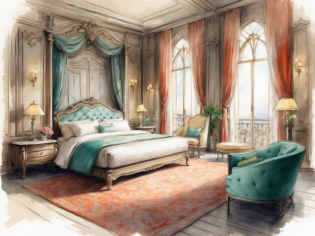 Auf dem Bild ist ein luxuriöses Hotelzimmer zu sehen. Es zeichnet sich durch eine elegante Einrichtung aus, die im klassischen Stil gehalten ist. Der Mittelpunkt des Raumes ist ein großes, komfortables Bett mit einer gepolsterten Kopfteil und dekorativen Kissen in sanften Tönen. Zur Seite stehen stilvolle Nachttische und Lampen, die für eine warme Beleuchtung sorgen.
Die Wände sind mit kunstvollen Verzierungen ausgestattet, und große Fenster mit roten Vorhängen lassen natürliches Licht herein. Ein schöner Teppich und stilvolle Möbel, wie ein gepolsterter Sessel und ein kleiner Couchtisch, tragen zur edlen Atmosphäre bei. Insgesamt vermittelt das Zimmer ein Gefühl von Eleganz und Gemütlichkeit, ideal für einen luxuriösen Aufenthalt.