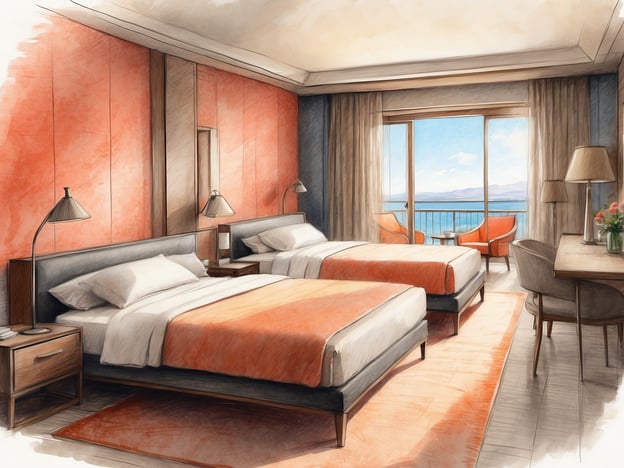Auf dem Bild ist ein Gästezimmer mit zwei Einzelbetten zu sehen, das in warmen Farbtönen, insbesondere Orange und Grau, gestaltet ist. Es gibt moderne Möbel, darunter Nachttische und Leselampen, sowie einen Schreibtisch mit einem Stuhl. Durch die großen Fenster ist ein schöner Blick auf eine Landschaft mit Wasser und Bergen erkennbar.
Das Casa Andina Standard Chincha bietet eine komfortable Unterkunft in einer modernen Atmosphäre. Die Zimmer sind gut ausgestattet und bieten Annehmlichkeiten, die den Gästen einen angenehmen Aufenthalt ermöglichen. Das Hotel zeichnet sich durch seine kundenfreundliche Umgebung und seine Nähe zu verschiedenen Attraktionen in der Region aus.